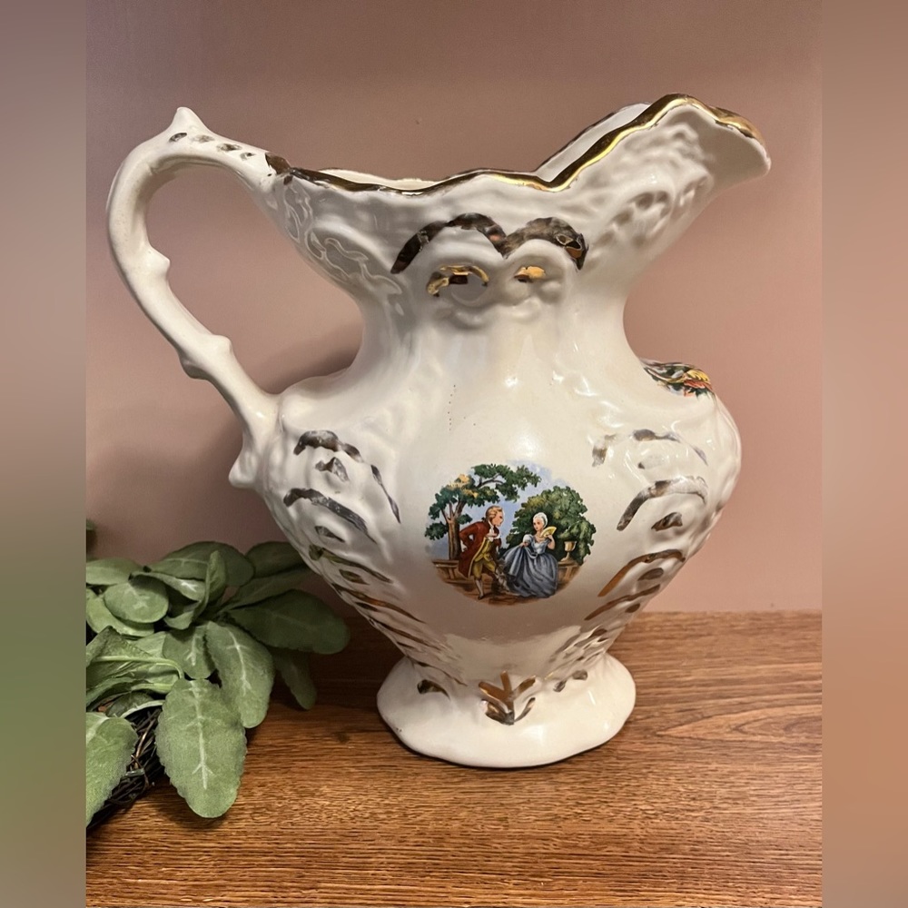 Antique George And Martha Porcelain Water Pitcher Courting Scene Gold Trim 1868